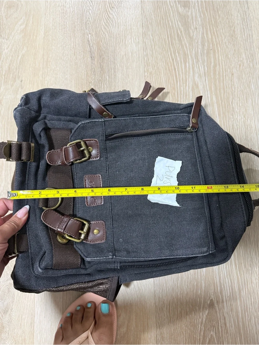 Canvas Daypack Backpack in Charcoal with Brown Leather Trim